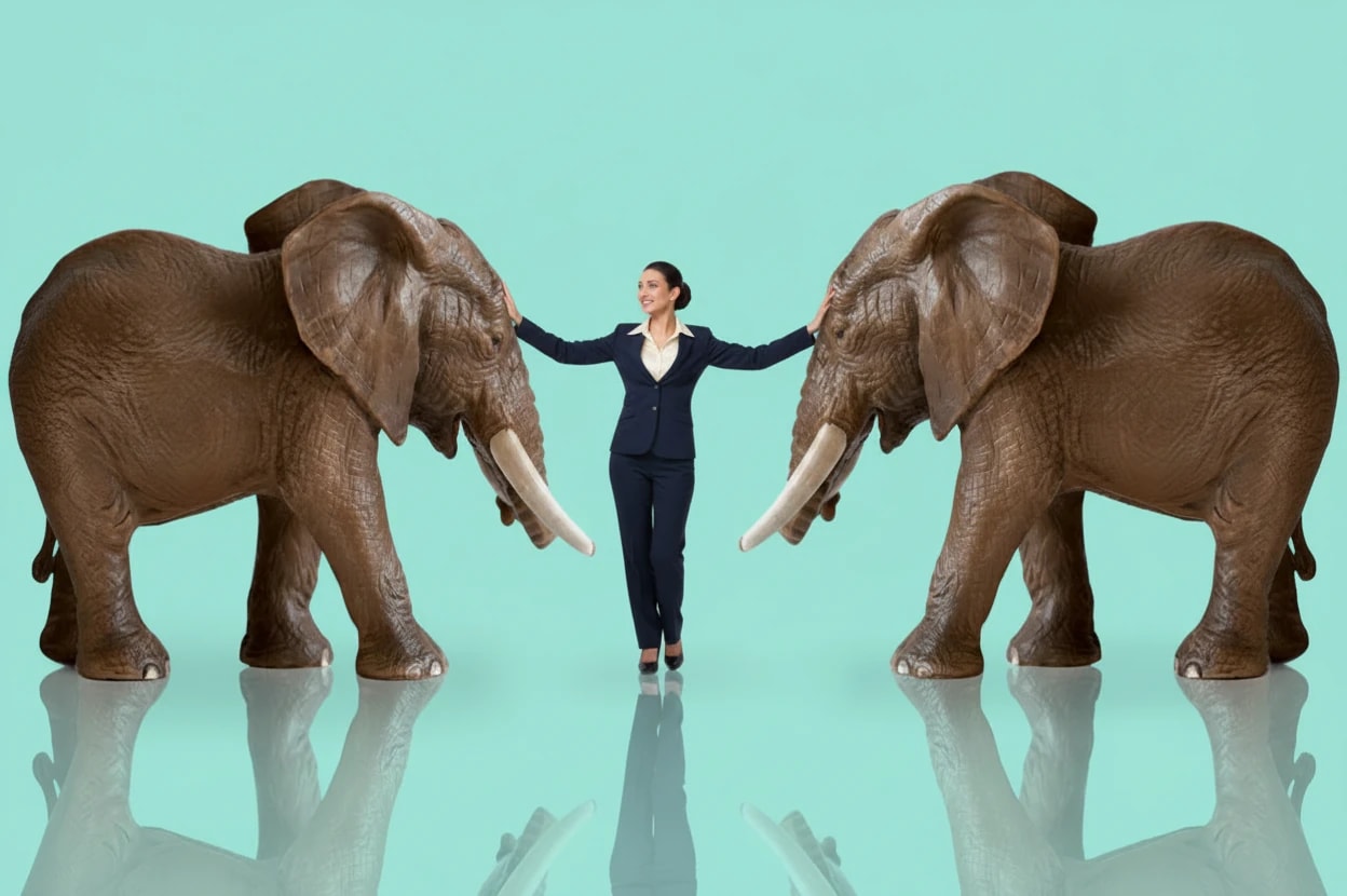 A person standing calmly between two elephants, gently holding a trunk in each hand