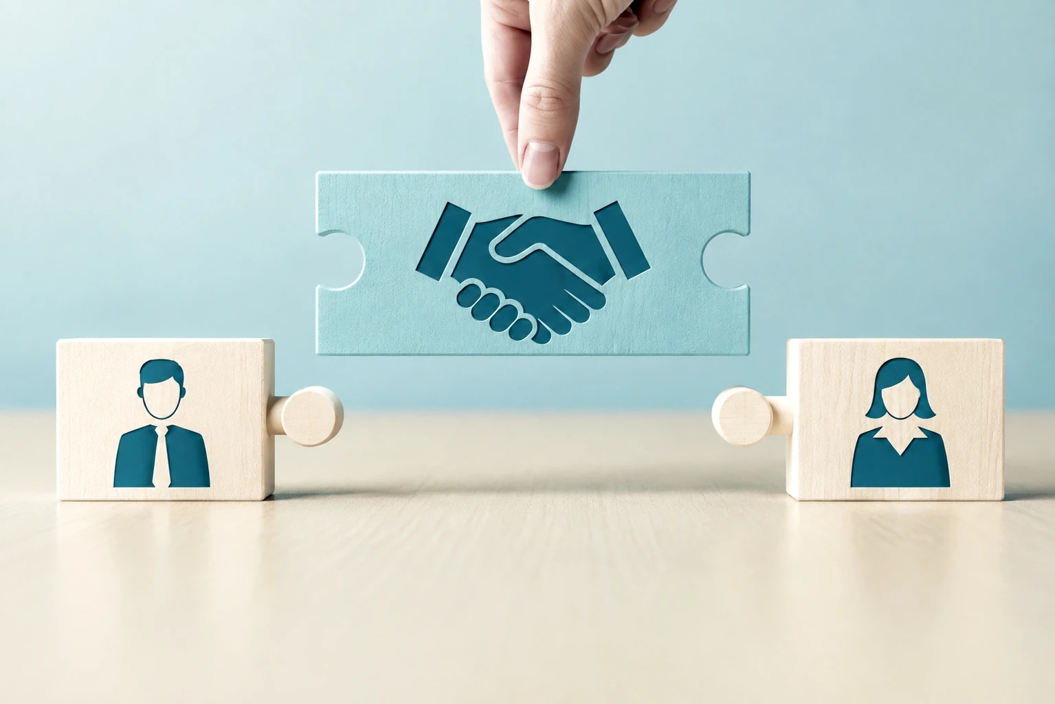 Two puzzle pieces joined by a piece showing a handshake, symbolising agreement