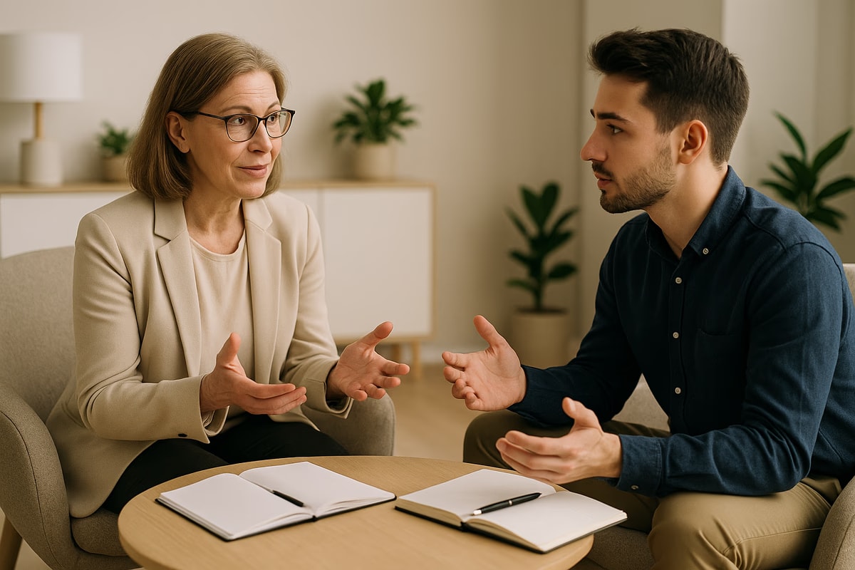 A conflict management coaching session in a serene office, showing a coach and client engaged in discussion, emphasizing communication and personal growth.